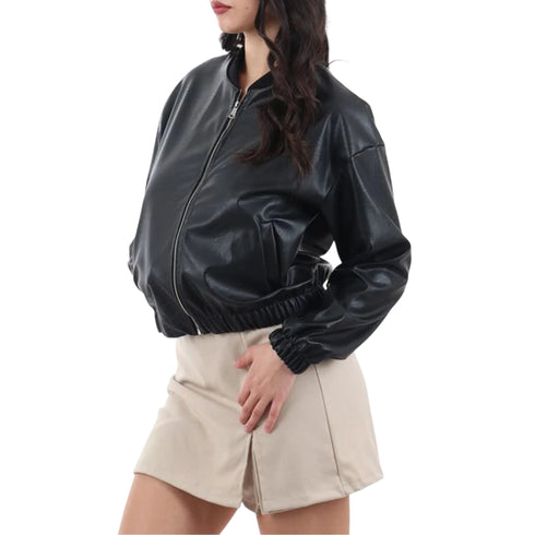 I AM Bomber Bomber Donna in pelle con collo a coste XS P26-I AM17338-NERO-XS - Francavilla Moda