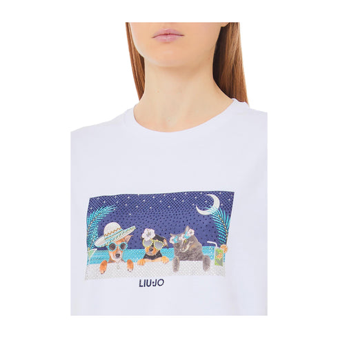 LIU JO T-shirt T-shirt Donna con stampa e strass Bianco blu P25 - LIU.JOWA5260JS003 - M9445 - S - Francavilla Moda