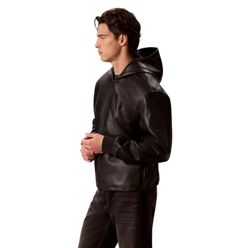 Bomber Uomo in ecopelle liscia, con full zip e cappuccio