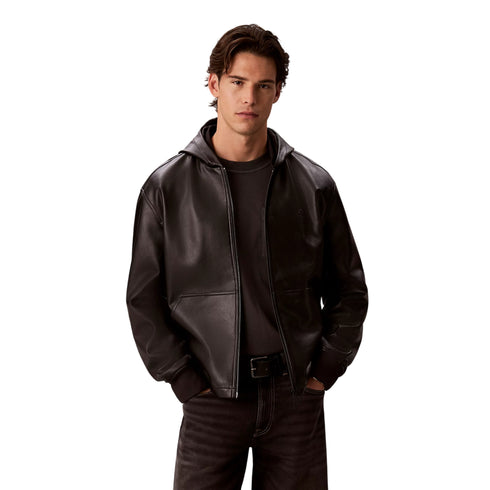 Bomber Uomo in ecopelle liscia, con full zip e cappuccio