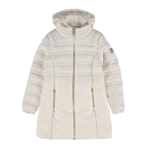 Piumino Donna lungo, con logo applicato sulla manica e cappuccio rimovibile