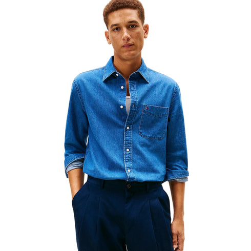 Tommy Hilfiger Camicia ml Camicia uomo regular fit in denim con bandierina S - Francavilla Moda