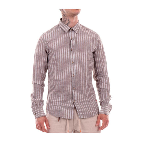 Yes Zee Camicia in lino Camicia Uomo a righe verticali Marrone bianco - Francavilla Moda