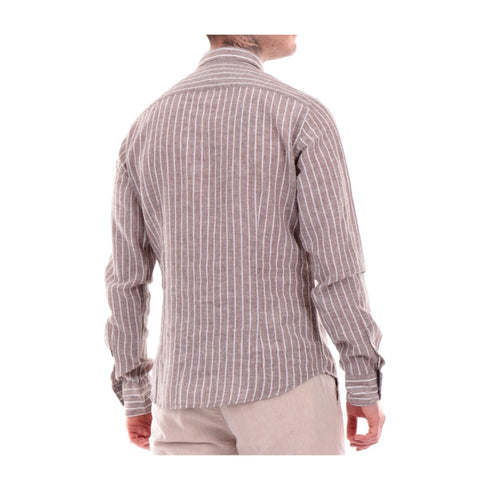 Yes Zee Camicia in lino Camicia Uomo a righe verticali Marrone bianco - Francavilla Moda
