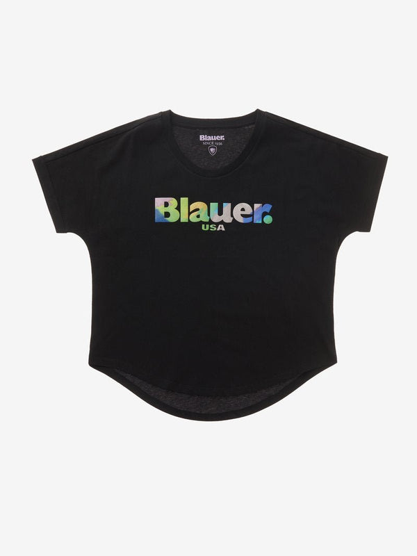 T-shirt Donna con stampa frontale gommata in rilievo Nero BLAUER- Francavilla Moda