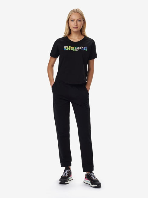 T-shirt Donna con stampa frontale gommata in rilievo Nero BLAUER- Francavilla Moda