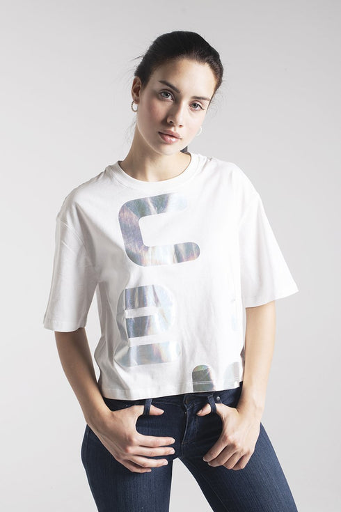 T-shirt Donna JOCKEY in cotone jersey con logo lettering stampato Bianco argento CIESSE PIUMINI- Francavilla Moda