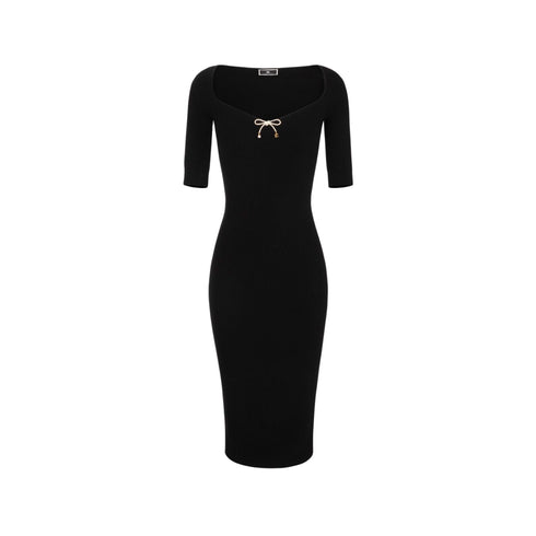 Abito Donna midi in lana con fiocco Nero Elisabetta Franchi- Francavilla Moda