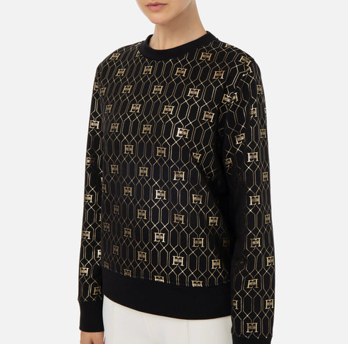 Elisabetta Franchi Felpa girocollo Felpa Donna con logo all over in oro laminato Nero - Francavilla Moda