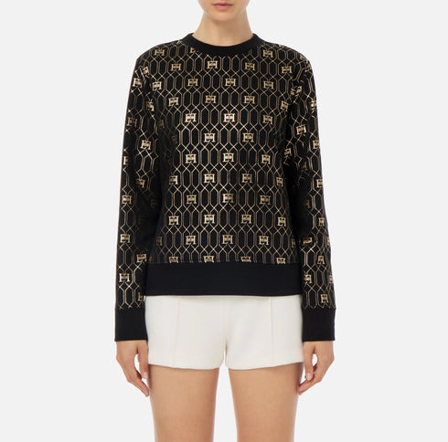 Elisabetta Franchi Felpa girocollo Felpa Donna con logo all over in oro laminato Nero - Francavilla Moda