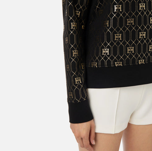 Elisabetta Franchi Felpa girocollo Felpa Donna con logo all over in oro laminato Nero - Francavilla Moda