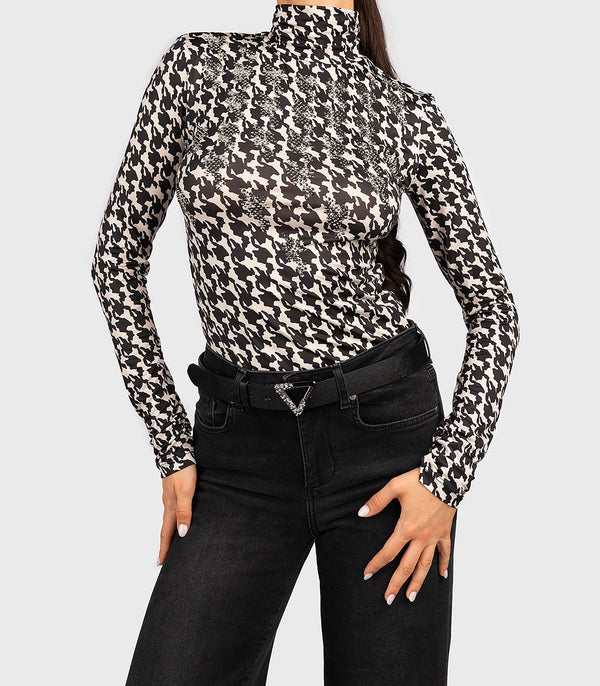 Maglia Donna a collo alto con motivo pied de poule Panna nero Liu Jo- Francavilla Moda