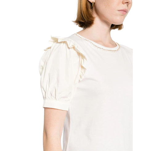 Liu Jo T-Shirt T-shirt Donna con rouches e strass Panna - Francavilla Moda