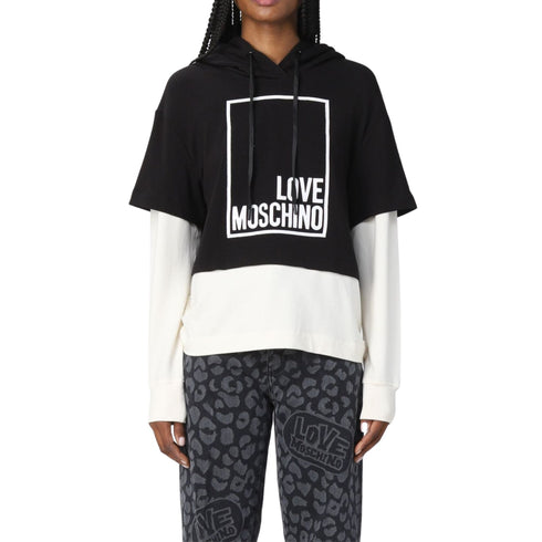 Felpa bicolore con logo e cappuccio Bianco nero LOVE MOSCHINO- Francavilla Moda