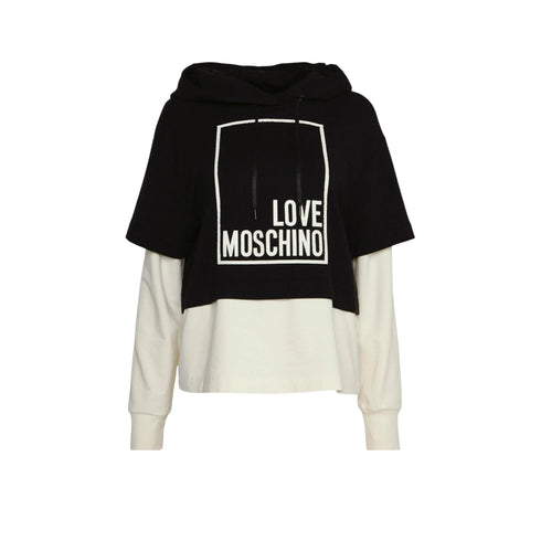 Felpa bicolore con logo e cappuccio Bianco nero LOVE MOSCHINO- Francavilla Moda