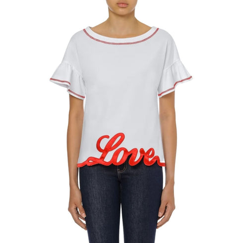 T-shirt Donna con maniche ruche e logo in raso Bianca LOVE MOSCHINO- Francavilla Moda
