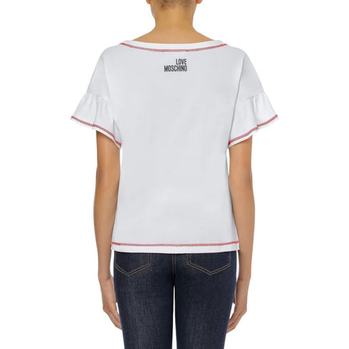T-shirt Donna con maniche ruche e logo in raso Bianca LOVE MOSCHINO- Francavilla Moda
