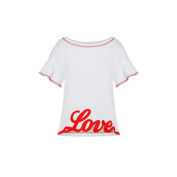 T-shirt Donna con maniche ruche e logo in raso Bianca LOVE MOSCHINO- Francavilla Moda