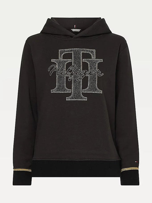 Felpa Donna con cappuccio e monogramma TH Nero TOMMY HILFIGER- Francavilla Moda
