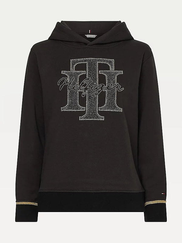 Felpa Donna con cappuccio e monogramma TH Nero TOMMY HILFIGER- Francavilla Moda