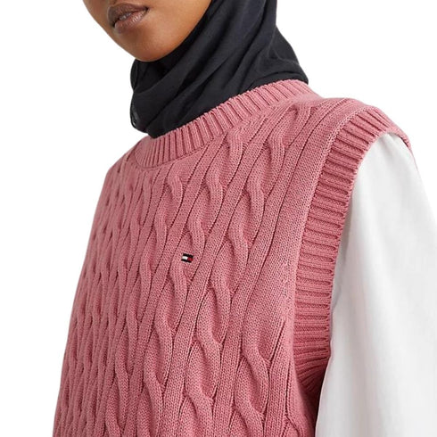 Gilet Donna Girocollo trama a trecce Rosa TOMMY HILFIGER- Francavilla Moda