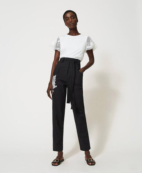 Pantalone Donna 211TT2473 in popeline con ricamo Nero TWINSET- Francavilla Moda
