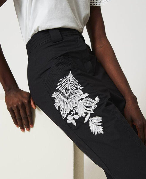 Pantalone Donna 211TT2473 in popeline con ricamo Nero TWINSET- Francavilla Moda