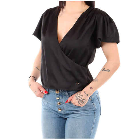 Blusa Donna incrociata in raso Nero Yes Zee- Francavilla Moda