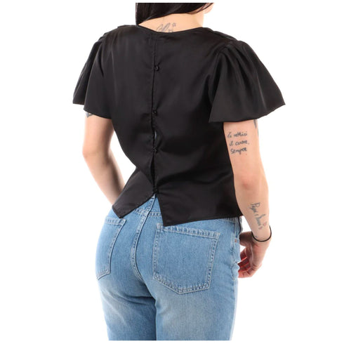 Blusa Donna incrociata in raso Nero Yes Zee- Francavilla Moda