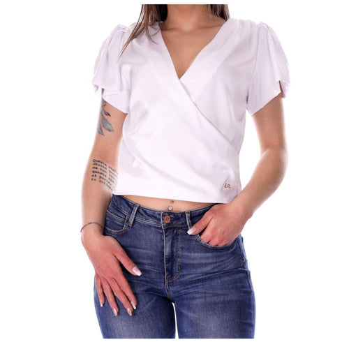 Blusa Donna incrociata in raso Bianco Yes Zee- Francavilla Moda