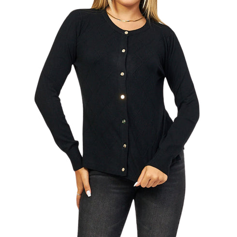 Cardigan Donna con trama a rombi Nero Yes Zee- Francavilla Moda