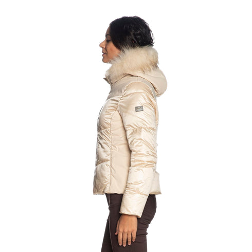 Yes Zee Piumino medio Piumino Donna medio con pelliccia Beige - Francavilla Moda