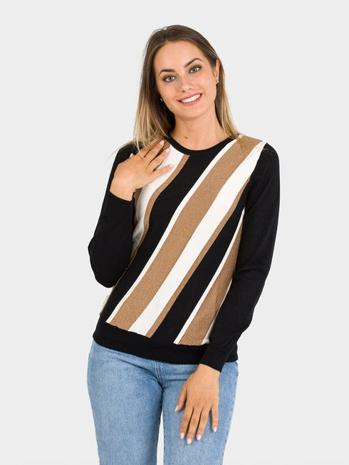 Yes Zee Pullover Pullover girocollo donna a maniche lunghe Beige nera - Francavilla Moda