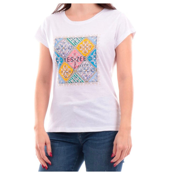 T-shirt Donna con stampa maiolica Bianco Yes Zee- Francavilla Moda