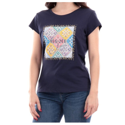 T-shirt Donna con stampa maiolica Blu Yes Zee- Francavilla Moda