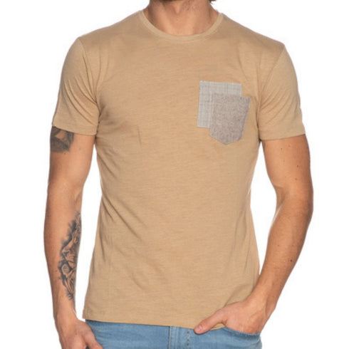 T-shirt Uomo con taschino sul petto Beige YES ZEE- Francavilla Moda