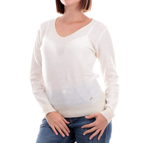 Maglia Donna scollo a V e bordi in lurex Gesso YESZEE- Francavilla Moda